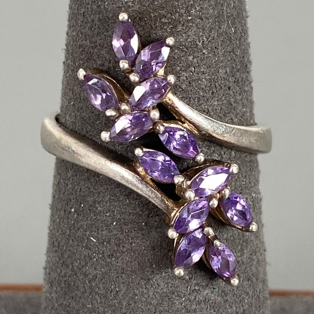 Sterling Silver Marquise Amethyst Colored CZ Bypass Floral Cluster Ring Size 7.5